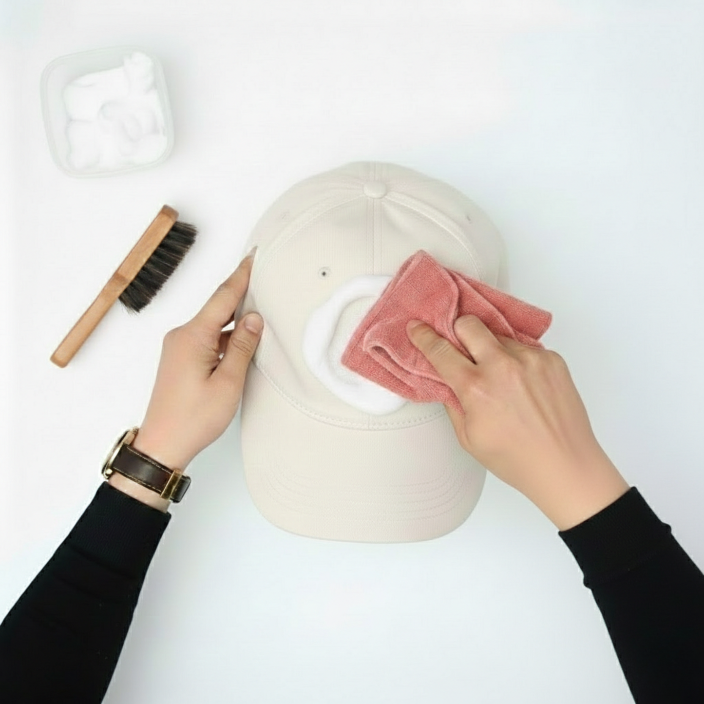Manos limpiando una gorra beige con paño rosado y espuma durante un lavado profesional, sobre fondo blanco.
