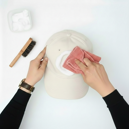 Manos limpiando una gorra beige con paño rosado y espuma durante un lavado profesional, sobre fondo blanco.